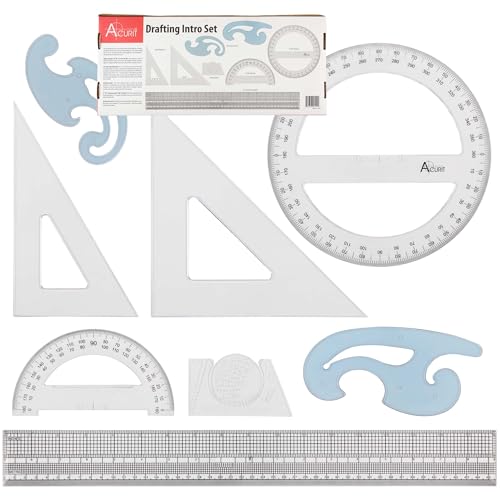 Acurit Drafting Beginner Set - Drafting Tools & Supplies - 7-Piece Drafting Kit for Artists, Architects- Includes Metric Triangles, 8" Protractor, French Curves, Ruler, Pencils & More - size: Set of 7