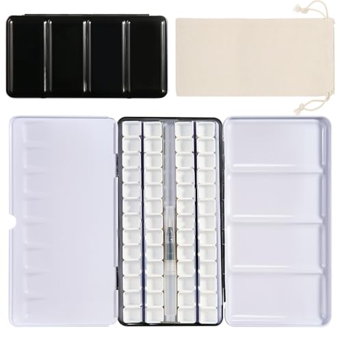 PEVART Watercolor Tin Palette, Metal Empty Paint Case with 52 PCS Empty Half Pans and a Water Color Pen Suitable for DIY Travel Watercolor Palette, Acrylic and Oil Painting - color: Black, size: 52 Half Pans