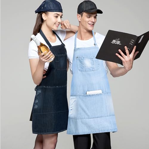 Denim Apron With 5 Pockets for Kitchens,Hairstylist Aprons for Women Men,Adjustable Bib Jean Apron for Arts Cafe Work - color: Dark Blue, style: Apron
