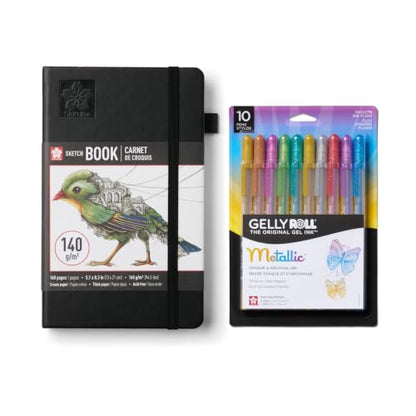 SAKURA Gelly Roll Metallic 10 Pack and A5 Sketchbook Black Art Bundle