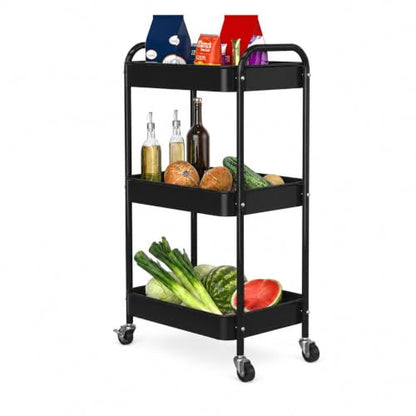 3-Tier Rolling Cart, Metal Utility Storage Carts with Wheels, Black | Multi-Functional Organizer Snack Cart Easy Assembly - color: Black