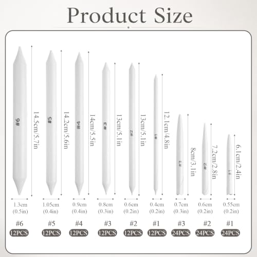 Oqqlin 144 Pcs Blending Stumps and Tortillions, 9 Sizes Blending Stumps Sketch Pencil Blender Paper Oil Pastel Tools for Drawing, Sketch, Charcoal for Student, Artist