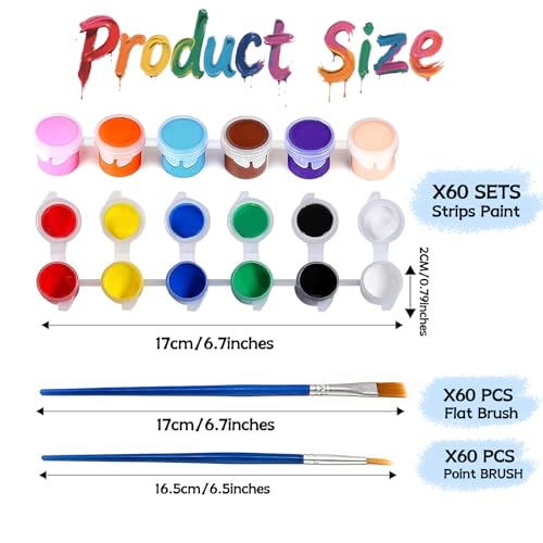 12 Colors Mini Acrylic Paint Set, 60 Pack Washable Paint Strips for Classroom Party - Includes 120 Brushes, 720 PCS kids Paint Kits for Easter Eggs, Birthday, school supplies - size: 1 Count (Pack of 60)