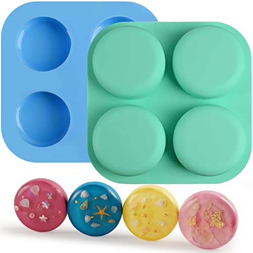 Sakolla 2 Pack 4 Cavity Round Silicone Soap Molds Cylinder Handmade Soap Molds for Soap Making Supplies DIY Bath Bombs Shower Steamer Lotion Bars Cake Baking Candle Tray - color: Round/Green & Blue