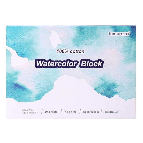 tumuarta Watercolor Paper Block 100% Cotton, 140 LB Cold Press, 5x7 in, 300 GSM, 20 Sheets, Acid Free,Mixed Media Sketch Books for Watercolors, Acrylic, Gouache for Dry & Wet Techniques - size: 7"x5" Cold Press