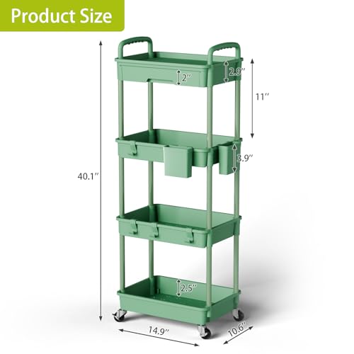 Sorgion 4 Tier Rolling Cart Organizer,Art Craft Diaper Bedside Snack Laundry Room Bathroom Organizer Narrow Thin Slim Rolling Trolley Utility Cart with Wheels for Kitchen,Office(Green) - size: 4Tier-Green