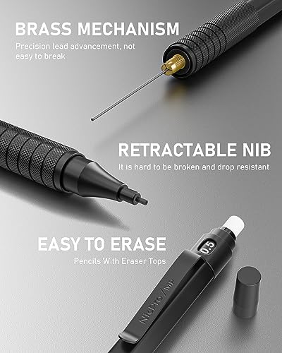 Nicpro 30PCS Black Metal Mechanical Pencil Set in Leather Case Blocky Gear 40PCS Metal Mechanical Pencil Set in Leather Case