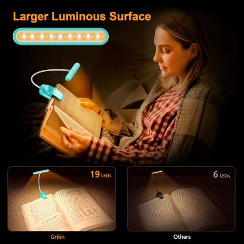Gritin Rechargeable Book Light for Reading in Bed with 19 LED | Eye Caring 3 Color Temps, 5 Brightness Levels, Memory Function, 90 Hrs Runtime Flexible Goose Neck Clip on Light-Blue - color: Blue