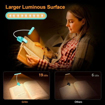 Gritin Rechargeable Book Light for Reading in Bed with 19 LED | Eye Caring 3 Color Temps, 5 Brightness Levels, Memory Function, 90 Hrs Runtime Flexible Goose Neck Clip on Light-Blue - color: Blue