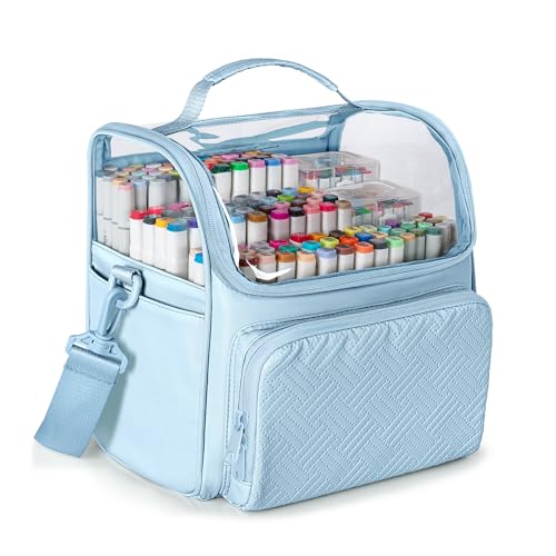 Rexmica Large Marker Organizer Case Storage Bag for 180 Marker Pens, Blue | Sloped Divider, Shoulder Strap, 4 Pockets, for Paint Markers/Paint Brushes/Colored Pencils/Art Supplies, Patented Design - color: Sky Blue