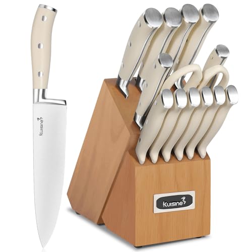 Kuisine Kitchen Chef Knife Block Set,High Carbon Stainless Steel Razor-Sharp Blade Ergonomic Handle,Sharp Knife Set with Built-in Sharpener,Elegant Gift(Irovy-Acacia,15pcs) - color: Pro Acacia Wood, size: 15 pieces