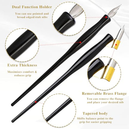 10PCS Oblique Calligraphy Dip Pen Set - 2-in-1 Drawing Pen Holder with 8 Pieces Stainless Steel Pen Replacement Nibs for Writing, Painting, Signing, Sketch - color: black