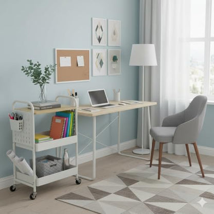 3 Tier Rolling Cart with Wooden Table Top, White Rolling Utility Cart with DIY Pegboards & Locked Wheels, Easy Assembly for Nursery, Living Room, Studio - color: White