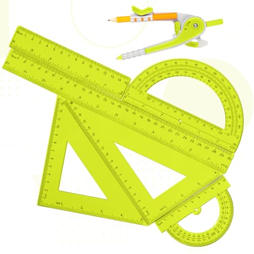 Zonon 1 Set Plastic Geometry Math Set 7 Pcs Includes 6'' / 4 '' Protractor, Drawing Compass, 45/60 Degree Triangle Rulers, 12'' / 6'' Math Ruler Transparent for Office Supplies(Yellow) - color: Yellow