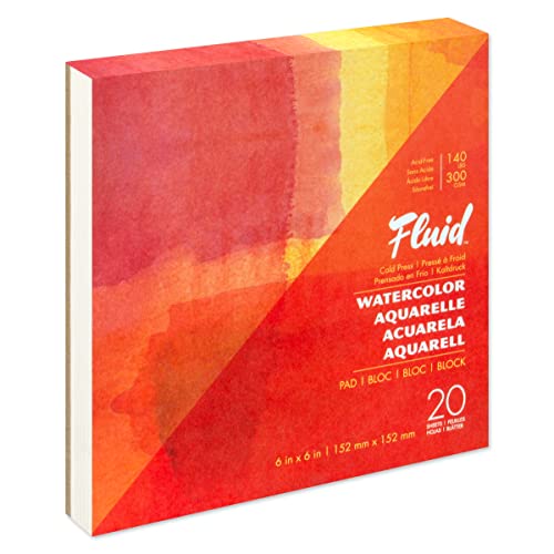 Fluid Watercolor Paper Fold Over Pad, 6 x 6 inches, 20 Sheets, 140 lb (300 GSM) Cold Press for Artist Painting and Wet Media - size: 6x6 Inches