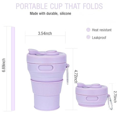 Silicone Collapsible Travel Mug Purple 15oz / 450ml - Leak-Proof Reusable Silicone Water Bottle for Hot and Cold Beverages - Travel Office and Home - Dishwasher Safe - Straw Included - color: Purple