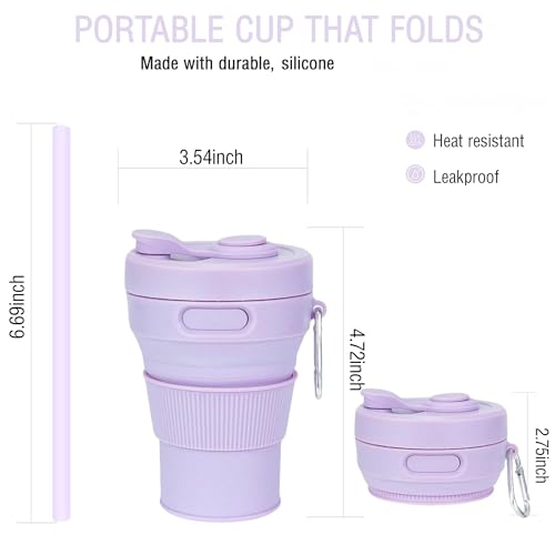 Silicone Collapsible Travel Mug Purple 15oz / 450ml - Leak-Proof Reusable Silicone Water Bottle for Hot and Cold Beverages - Travel Office and Home - Dishwasher Safe - Straw Included - color: Purple