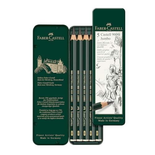 Faber-Castell 5 Piece Quality Castell 9000 Jumbo Graphite Pencils in a Tin, Including HB, 2B, 4B, 6B and 8B,Black