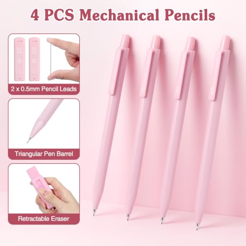 MoKo Pencil Case with Supplies, 49Pcs Aesthetic School Set, Pink | Includes gel pens, highlighters, 0.5 mm mechanical pencils and refills, an eraser, sticky notes and index tabs. - color: Pink-49P