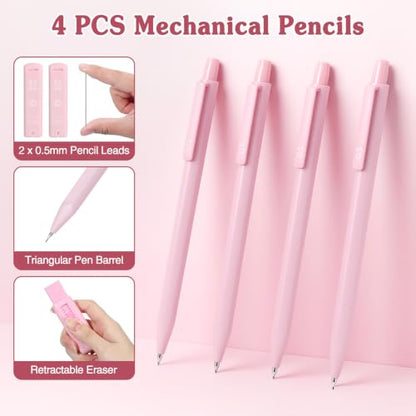 MoKo Pencil Case with Supplies, 49Pcs Aesthetic School Set, Pink | Includes gel pens, highlighters, 0.5 mm mechanical pencils and refills, an eraser, sticky notes and index tabs. - color: Pink-49P