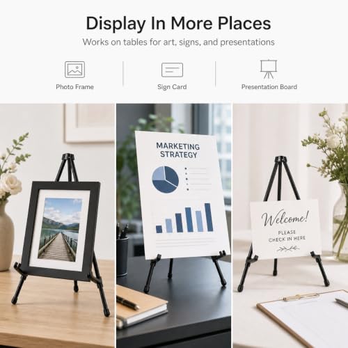 QWORK 14.5" Tabletop Easel Stand, Foldable Black Metal Tripod for Art Canvas, Posters & Signage, Adjustable Display Holder for Trade Shows, Presentations & Home Decor