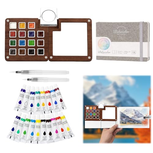Mini Watercolor Paint Set - Mini Travel Watercolor Palette Set, Pocket Water Color Paint Palette Kit with 18 Colours, Sketchbook, Pens, Wooden Paints Box for Painters Artists - color: Walnut 15 Grids