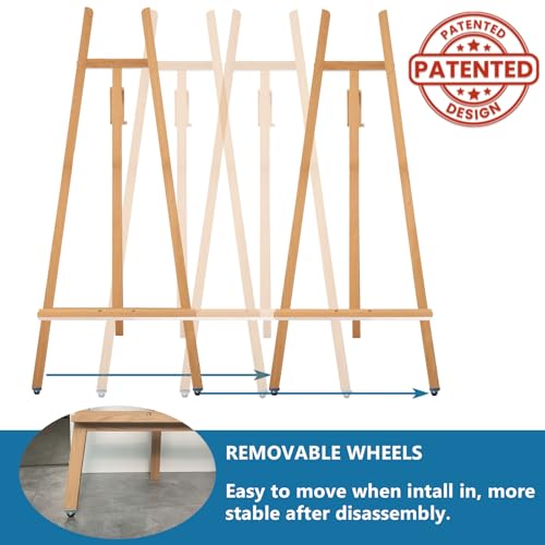 A-Frame Wooden Display Easel, Lyre Beechwood Studio Easel Stand, Natural | Adjustable Holding Canvas Up to 90", Inclinable Artist Floor Painting Easel for Artwork Painting - color: Natural