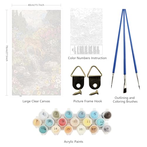 ARTGOTO Large Paint by Numbers for Adults Woodland Deer | 15.7x27.5inch/40x70cm Paint by Number Kit on Canvas, Forest Waterfall Wildlife Acrylic Painting Set with Brushes, No Frame - color: PBN065
