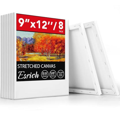ESRICH Stretched Canvas for Painting, 8 Pack 9x12 Inch Canvas Value Pack,Primed Acid-Free Cotton Blank Canvases, Painting Canvas for Oil & Acrylic Paint. - size: 9X12IN 8 Packs