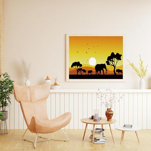 XTXGERL Paint By Number for Adults Beginner, African Sunset Landscape Wildlife Animal Elephant Paint By Numbers Kits on Canvas, Frameless DIY Oil Painting for Home Wall Decor 16x20 inch
