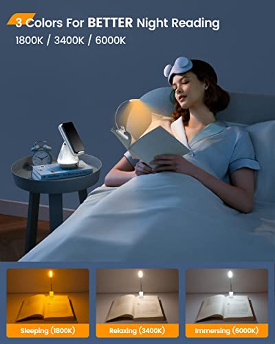 Glocusent Willow Book Light, 10LED, 3 Colors & 3 Brightness, Rechargeable, Lightweight, Clip on, Modern Design, Pure White, ABS Material, USB-C, 80hr Runtime, Ideal for Book Lovers | 3 Colors & 3 Brightness, Rechargeable, 80Hrs, Lightweight, Clip on, Chri