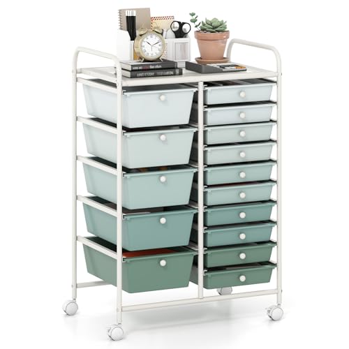 GOFLAME 15-Drawer Rolling Storage Cart, Craft Storage Cart with Removable Drawers & Lockable Wheels, Art Cart Supply Storage Organizer for Home Office Classroom, Green Gradient - color: Green Gradient, size: 15 drawer-25"x14.5"x34.5"