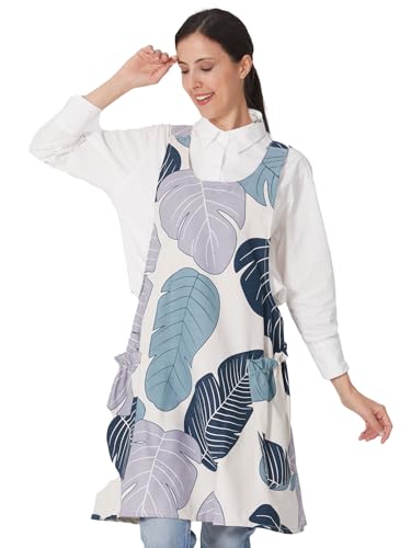 Cozy Adjustable Cross Back Aprons for Women with Pockets Cotton Linen Cooking Kitchen Baking - color: Banana Leaf