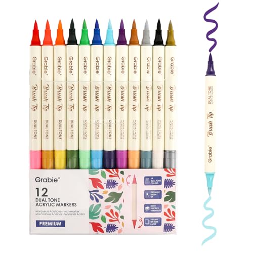 Grabie 24 Color Acrylic Paint Markers, Pack of 12 Dual Tip Brush Pens | 24 Colors in 12 Markers,Dual Tip Soft Brush Design,Water-Based Acrylic Ink For Paper, Rock, Wood, Canvas, Glass & Fabric - color: A.12Pcs-24Dual Tone Colors