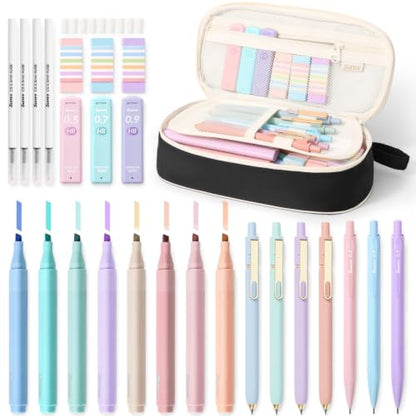 SUNEE Pencil Case with Supplies, 35PCS Aesthetic Stationery Set with Pastel Highlighters, Black Gel Pens, Mechanical Pencils & Refills, College School Supplies for Students, Black - color: Black, style: 35 Pack