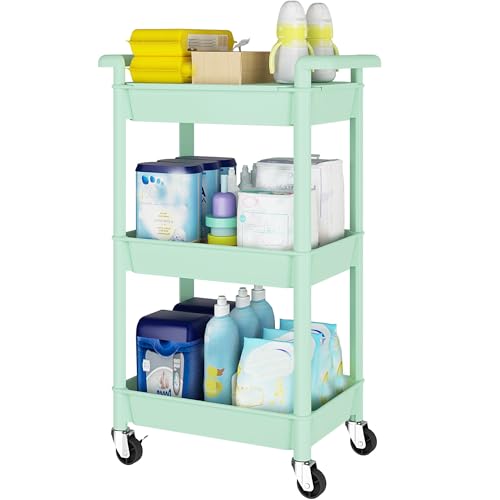 Steehoom 3-Tier Utility Rolling Cart with Cover Top Board, Mobile Utility Cart with Lockable Casters Multi-Functional Storage Trolley for Office, Bathroom, Kitchen, Garden, Laundry Room (Green) - color: Green, size: 3-Tier