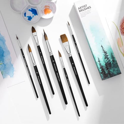 Watercolor Brush Set, Fuumuui 7pcs Professional Sable Paint Brushes with Extended Needle, Round Point, Flat, Dagger, Cat's Tongue for Watercolor, Acrylic, Gouache – Detail & Wash Painting - color: Black7