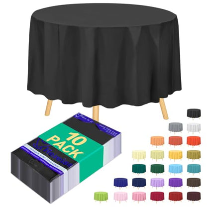 Black Round Disposable Plastic Tablecloth 84 Inch [10-Pack] - Bulk Waterproof Party Supplies, Easy Cleanup - color: Fa1 - Black, size: 10 PACK | Round | 84 Inch