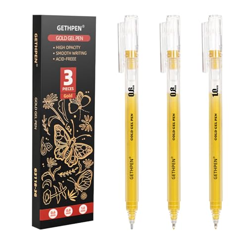 GETHPEN Gold Gel Pen Set, Opaque Archival Ink 0.6/0.8/1.0mm for Black Paper | 3 Tip Sizes Pack, Archival Ink Pens, for Black Paper Drawing, Sketching, Illustration, Card Making, Bullet Journaling - color: Gold