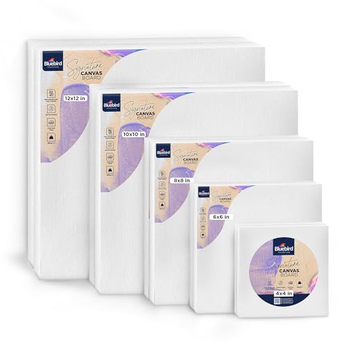Bluebird Canvas Board - 2 Each of 4x4, 5x7, 8x10, 9x12, 11x14 Set of 10 Gesso-Primed White Blank Canvases for Painting - 100% Cotton Art Supplies, Canvas Board for Acrylic, Poster, Oil Paint