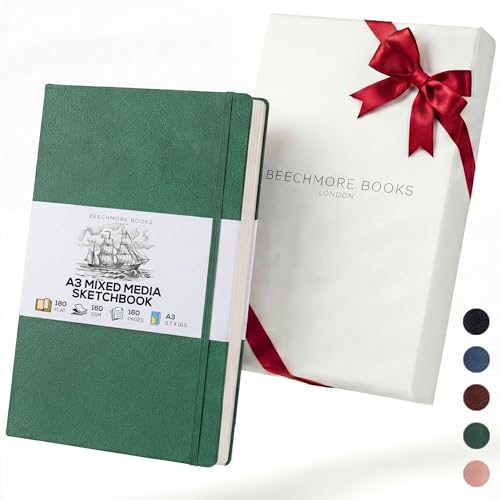 Beechmore Books A3 11.7x16.5 Mixed Media Sketchbook 160 GSM/98lb, Gift Box | Hardcover Drawing Pad with Lay-Flat Binding, Extra Large Perforated Ivory Paper for Studio Drawing & Watercolor Work - color: Dartmouth Green, size: A3 - 11.7" x 16.5" Extra Larg