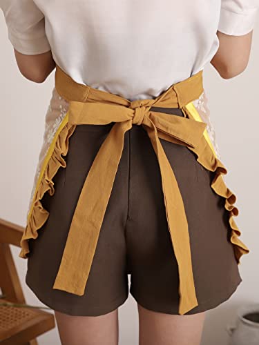 Unisex Chef Aprons White Retro Cotton Maid Short 2 Pockets Waist Waiter Waitress Half Apron - color: Yellow-embroidered