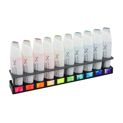 Artfinity Alcohol Ink Dayglow Set of 10 Colors (25 ml) with Free Acrylic Stand - for Painting or Alcohol Marker Refill Ink, Acid-Free, Fast-Drying, Permanent, Transparent, Swatch Template - color: Dayglow