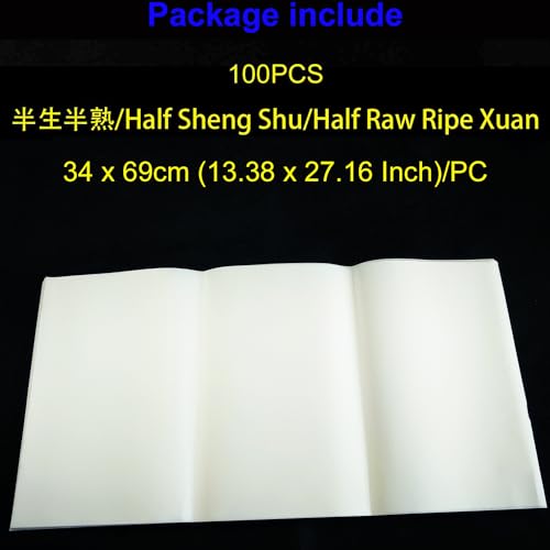 KYMY Chinese/Japanese Calligraphy Paper 100PCS, Sumi/Rice Paper for Writing Painting Drawing Practice, Chinese Brush Ink Xuan Paper, Half Sheng Shu (Half Raw Ripe) (34 x 69 cm (13.38 x 27.16 Inch)) - size: Half Sheng Shu(Raw Ripe)-34x69cm(13.4 x 27.2in)