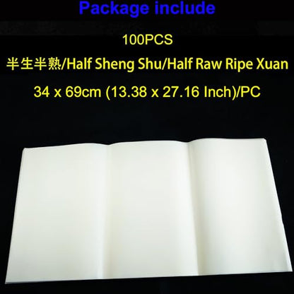 KYMY Chinese/Japanese Calligraphy Paper 100PCS, Sumi/Rice Paper for Writing Painting Drawing Practice, Chinese Brush Ink Xuan Paper, Half Sheng Shu (Half Raw Ripe) (34 x 69 cm (13.38 x 27.16 Inch)) - size: Half Sheng Shu(Raw Ripe)-34x69cm(13.4 x 27.2in)