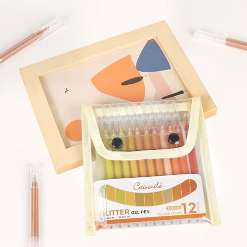 12 Yellow Glitter Gel Pens Set, 1.0 mm Fine Point for Black Paper & White Paper, Large Capacity Pens for Journaling, Adult Coloring Books, Drawing, Note Taking, Highlighting - color: yellow