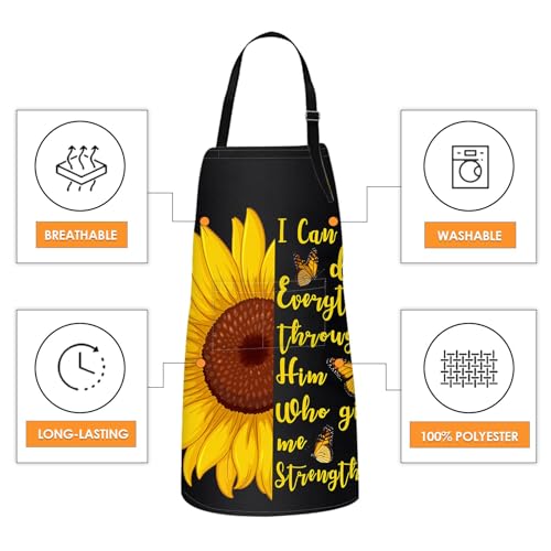 Apron with Pockets, 32x28 inch, 2 Pack, Sunflower | Butterfly Floral Botanical Adjustable Bib with Pockets for Women Men Couple Lovers Chef Home Baking Gardening - color: Black Yellow