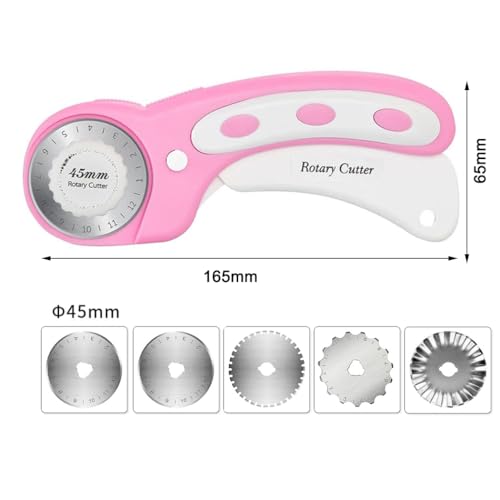 45mm Rotary Cutter with 5pcs Extra Blades, Ergonomic Handle Rolling Cutter with Safety Lock for Fabric, Leather, Crafting, Sewing, Quilting, Fabric Rotary Cutter Perfect for Left & Right Hand (Pink) - color: Pink