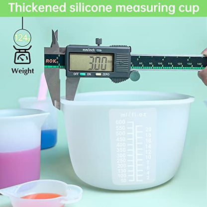 Sjubaopen Silicone Measuring Cups 600ml for Resin, Epoxy, Baking | Easy to clean, Heat Resistant, Thickened, 100ml+10ml, Stir Sticks, Droppers, Finger Cots for Wax,Chocolate, Jewelry - size: 600ML+100ML+10ML