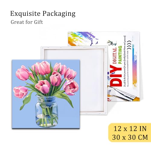 Natuyalo Paint by Numbers Kit for Adults Beginners, 12" Wx12 L Painting by Numbers Kit on Canvas Acrylic Drawing Kits Ready to Stretch and Framed, Pink Flowers - color: Color-02